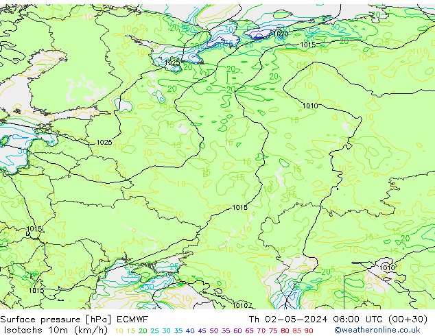 Isotachs (kph) ECMWF Th 02.05.2024 06 UTC