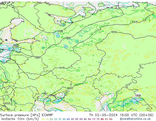 Isotachs (kph) ECMWF jeu 02.05.2024 15 UTC