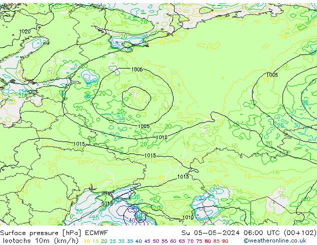 Isotachs (kph) ECMWF dim 05.05.2024 06 UTC