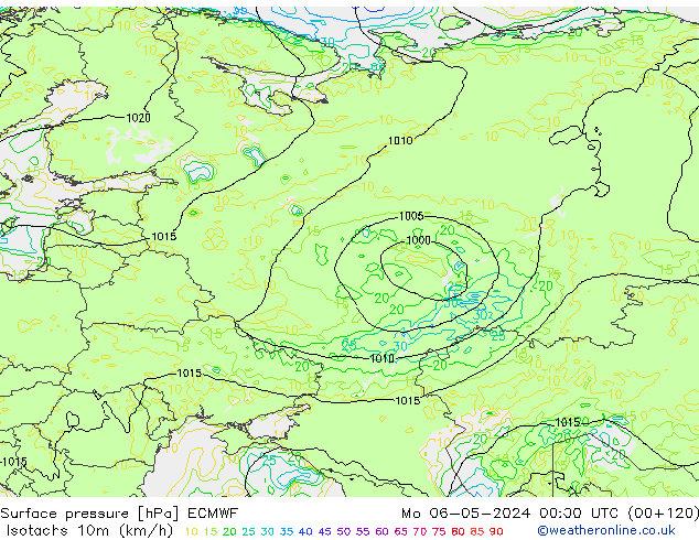 Isotachs (kph) ECMWF пн 06.05.2024 00 UTC