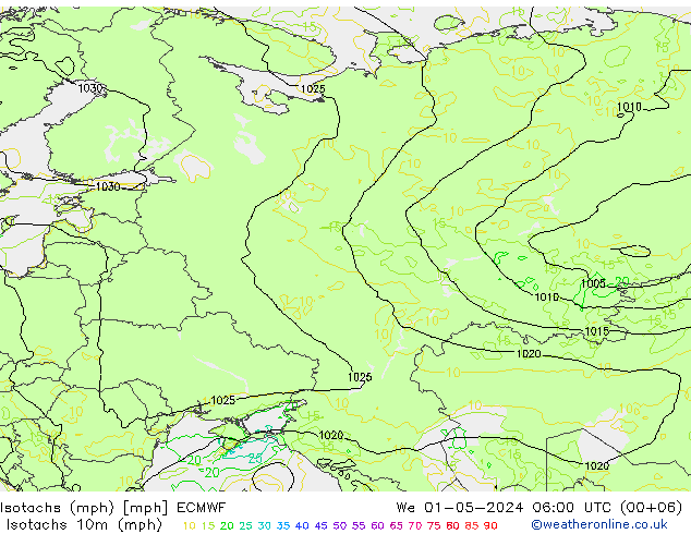 Isotachs (mph) ECMWF We 01.05.2024 06 UTC