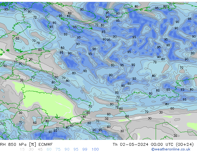 RH 850 hPa ECMWF czw. 02.05.2024 00 UTC