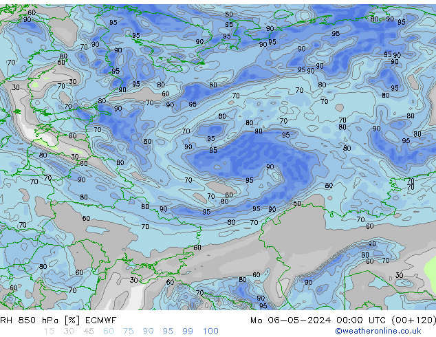 Humidité rel. 850 hPa ECMWF lun 06.05.2024 00 UTC