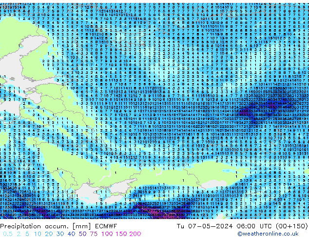 Precipitation accum. ECMWF Tu 07.05.2024 06 UTC