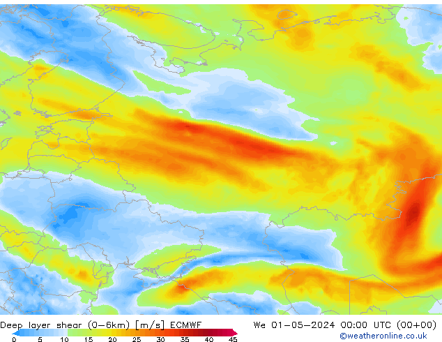 Deep layer shear (0-6km) ECMWF We 01.05.2024 00 UTC