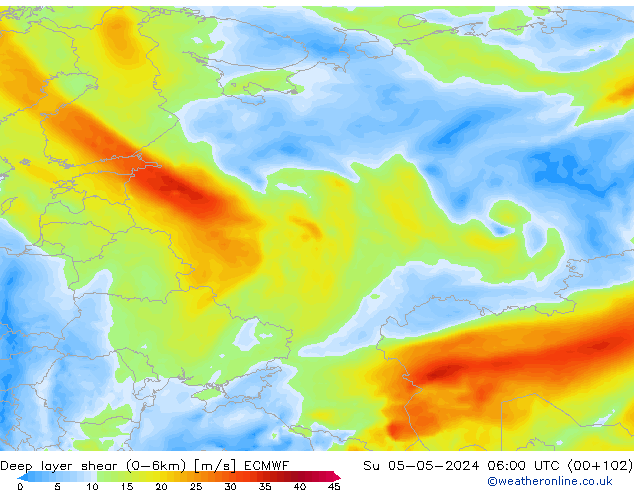 Deep layer shear (0-6km) ECMWF dim 05.05.2024 06 UTC