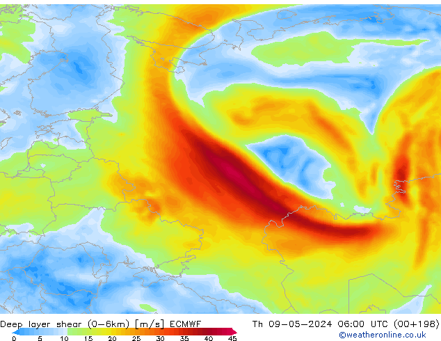 Deep layer shear (0-6km) ECMWF Per 09.05.2024 06 UTC