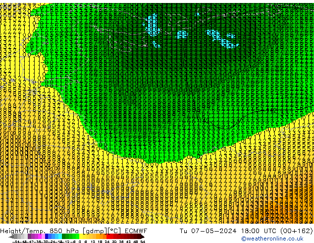 Height/Temp. 850 hPa ECMWF Út 07.05.2024 18 UTC