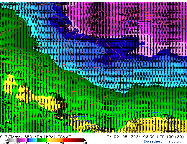 SLP/Temp. 850 hPa ECMWF Th 02.05.2024 06 UTC