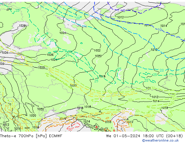 Theta-e 700hPa ECMWF wo 01.05.2024 18 UTC