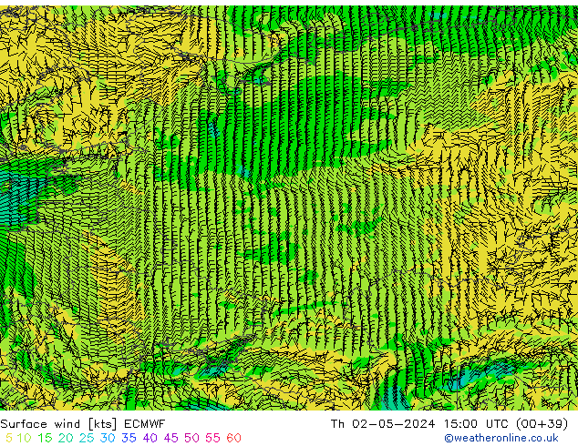 Vento 10 m ECMWF Qui 02.05.2024 15 UTC