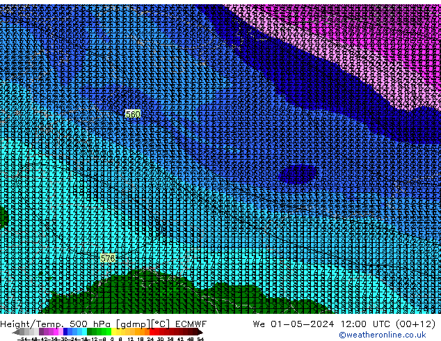 Height/Temp. 500 hPa ECMWF Qua 01.05.2024 12 UTC