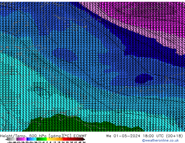 Z500/Yağmur (+YB)/Z850 ECMWF Çar 01.05.2024 18 UTC