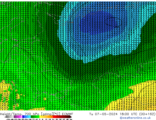 Height/Temp. 700 hPa ECMWF Út 07.05.2024 18 UTC