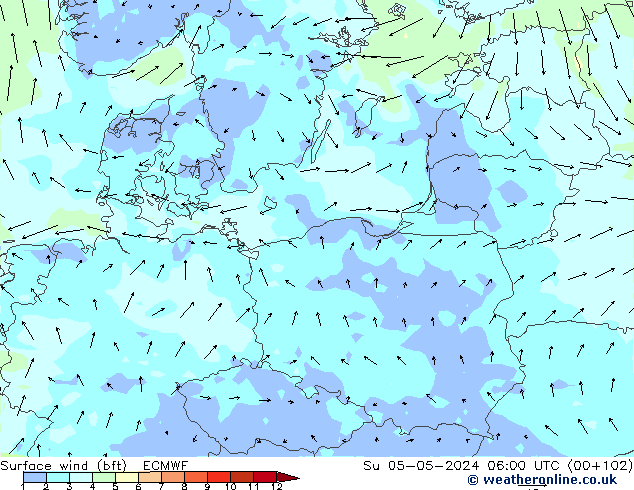 Rüzgar 10 m (bft) ECMWF Paz 05.05.2024 06 UTC