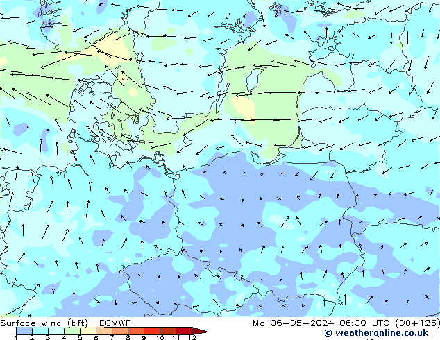 Vent 10 m (bft) ECMWF lun 06.05.2024 06 UTC