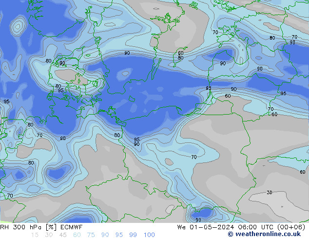 RH 300 hPa ECMWF St 01.05.2024 06 UTC