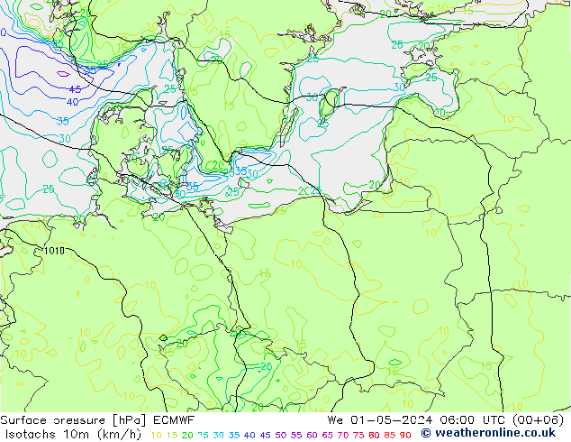 Isotachs (kph) ECMWF St 01.05.2024 06 UTC