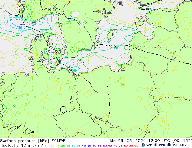 Izotacha (km/godz) ECMWF pon. 06.05.2024 12 UTC