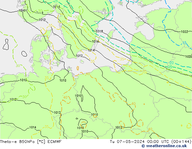 Theta-e 850hPa ECMWF Tu 07.05.2024 00 UTC