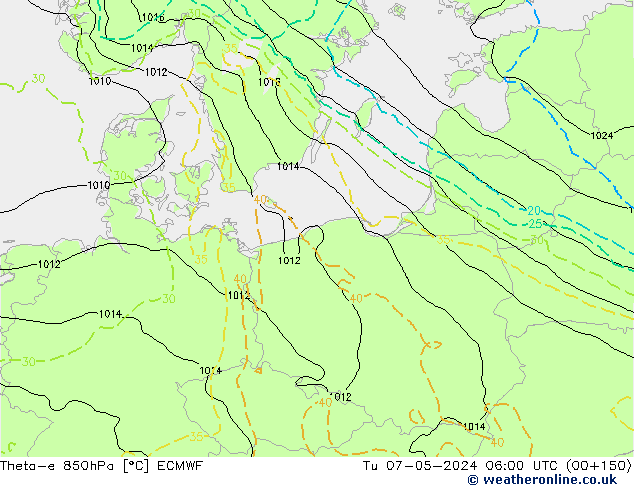 Theta-e 850hPa ECMWF Tu 07.05.2024 06 UTC