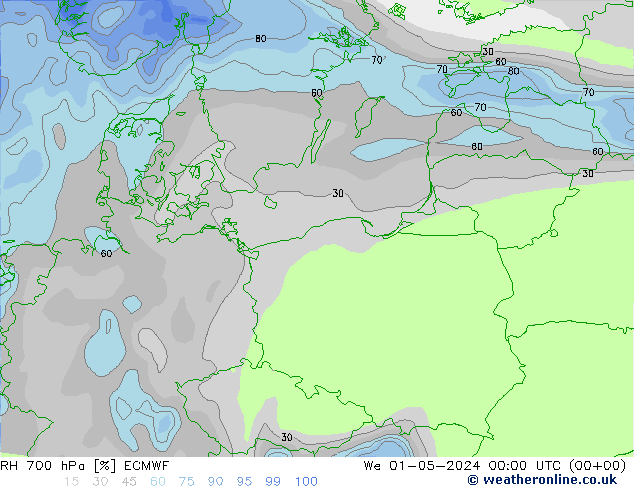 RH 700 hPa ECMWF Qua 01.05.2024 00 UTC