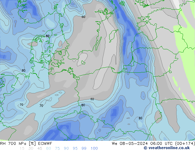 RH 700 гПа ECMWF ср 08.05.2024 06 UTC