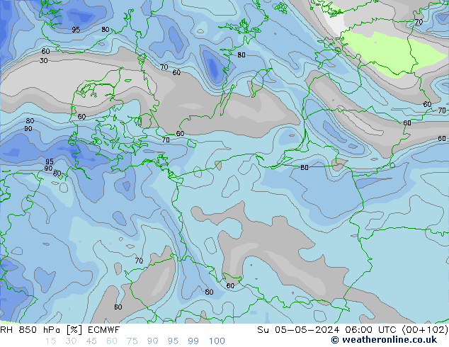 Humedad rel. 850hPa ECMWF dom 05.05.2024 06 UTC