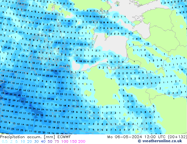 Precipitation accum. ECMWF Mo 06.05.2024 12 UTC