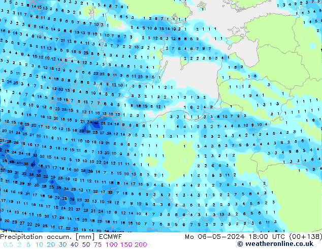 Precipitation accum. ECMWF lun 06.05.2024 18 UTC