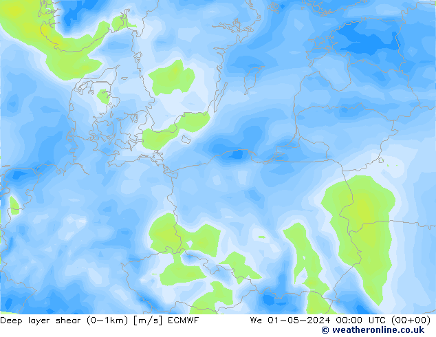 Deep layer shear (0-1km) ECMWF Qua 01.05.2024 00 UTC