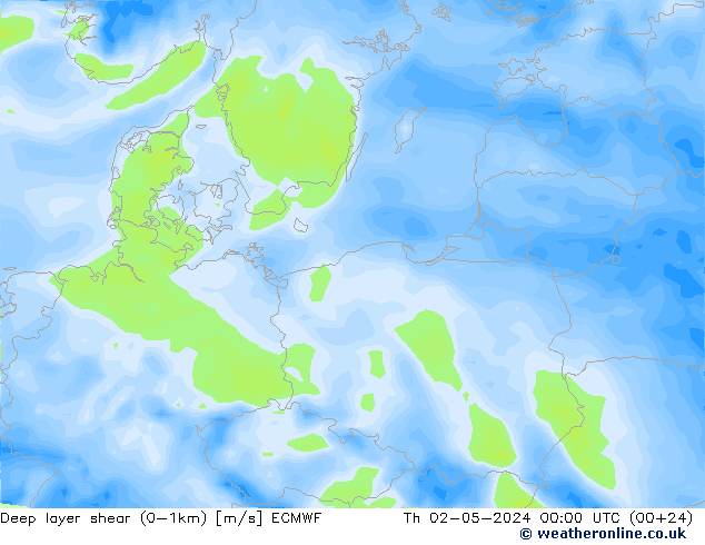 Deep layer shear (0-1km) ECMWF Th 02.05.2024 00 UTC