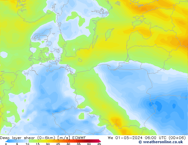 Deep layer shear (0-6km) ECMWF St 01.05.2024 06 UTC