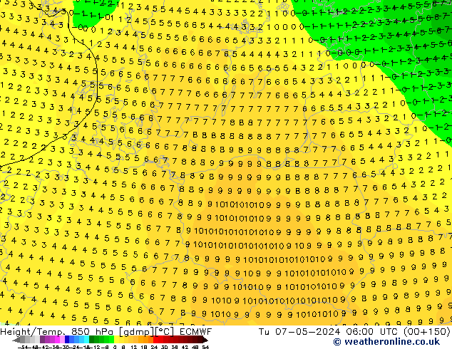 Geop./Temp. 850 hPa ECMWF mar 07.05.2024 06 UTC