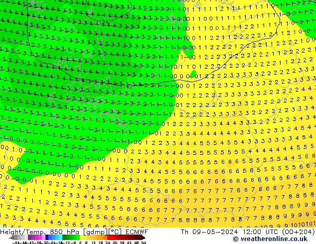 Z500/Rain (+SLP)/Z850 ECMWF Th 09.05.2024 12 UTC