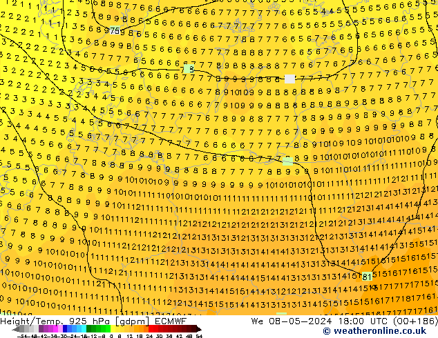 Géop./Temp. 925 hPa ECMWF mer 08.05.2024 18 UTC