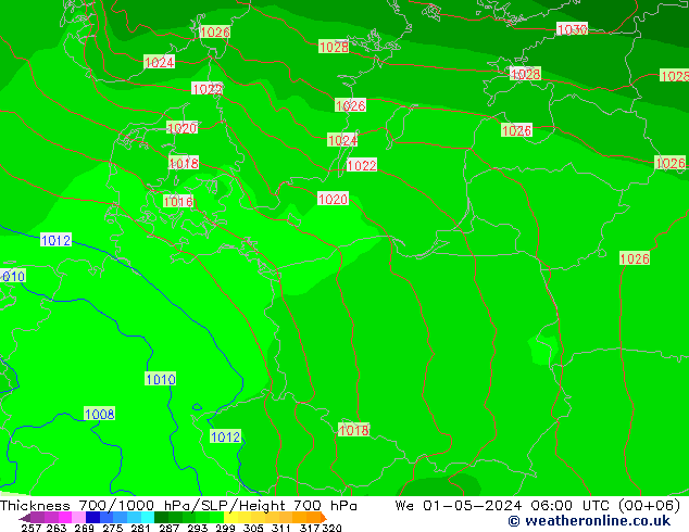 Thck 700-1000 hPa ECMWF St 01.05.2024 06 UTC