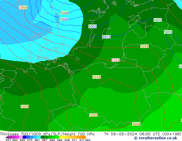 Thck 700-1000 hPa ECMWF gio 09.05.2024 06 UTC