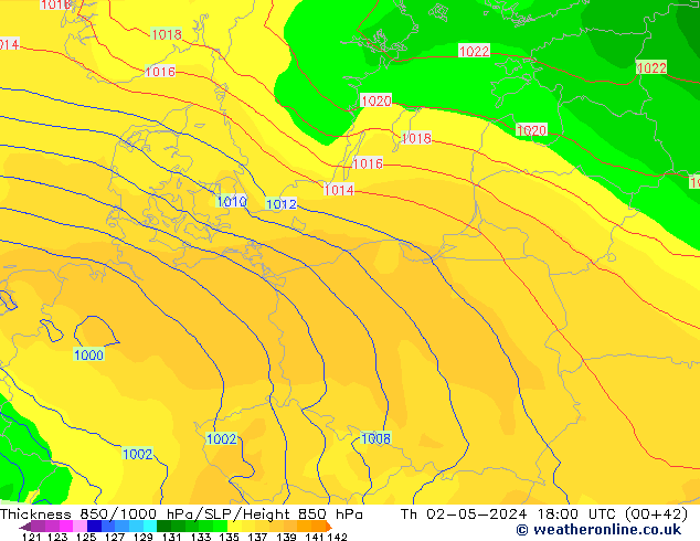 Dikte 850-1000 hPa ECMWF do 02.05.2024 18 UTC