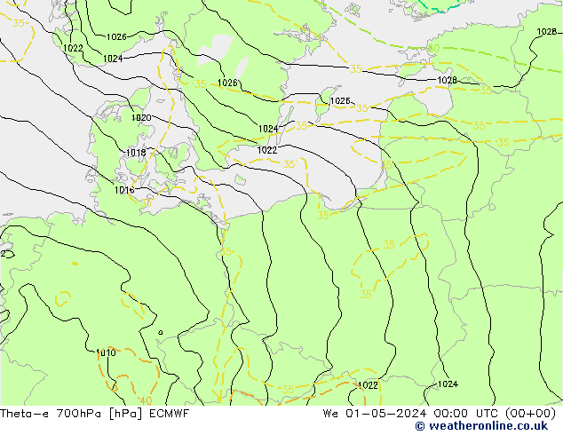 Theta-e 700hPa ECMWF Qua 01.05.2024 00 UTC