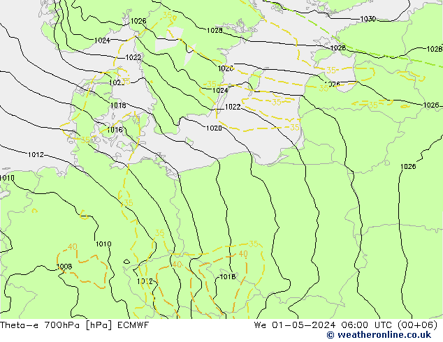 Theta-e 700hPa ECMWF St 01.05.2024 06 UTC