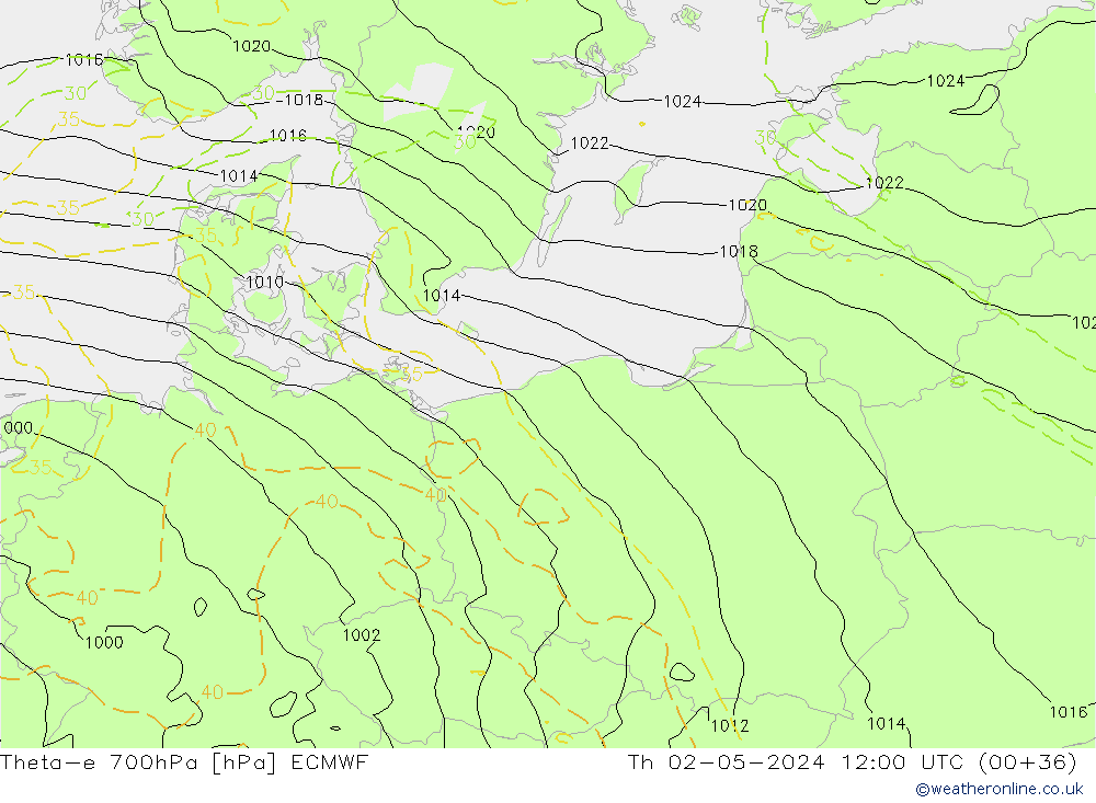 Theta-e 700hPa ECMWF Th 02.05.2024 12 UTC