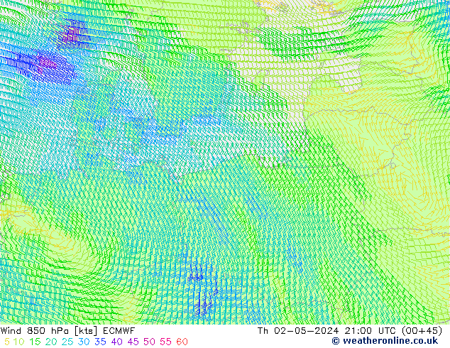 Vento 850 hPa ECMWF Qui 02.05.2024 21 UTC