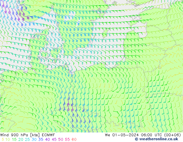 Vent 900 hPa ECMWF mer 01.05.2024 06 UTC