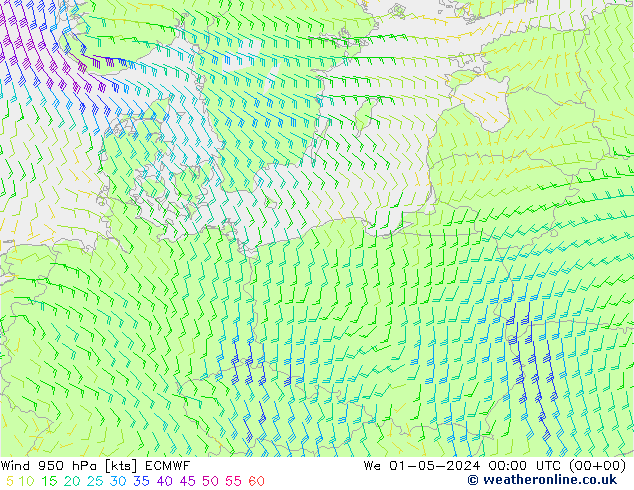 Vento 950 hPa ECMWF Qua 01.05.2024 00 UTC