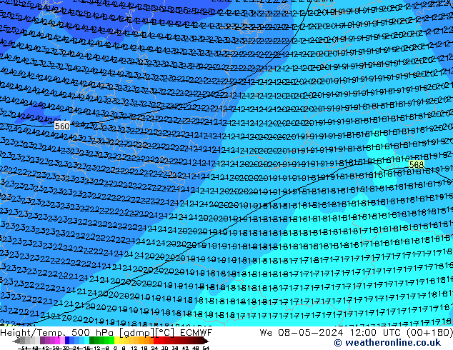 Height/Temp. 500 hPa ECMWF St 08.05.2024 12 UTC