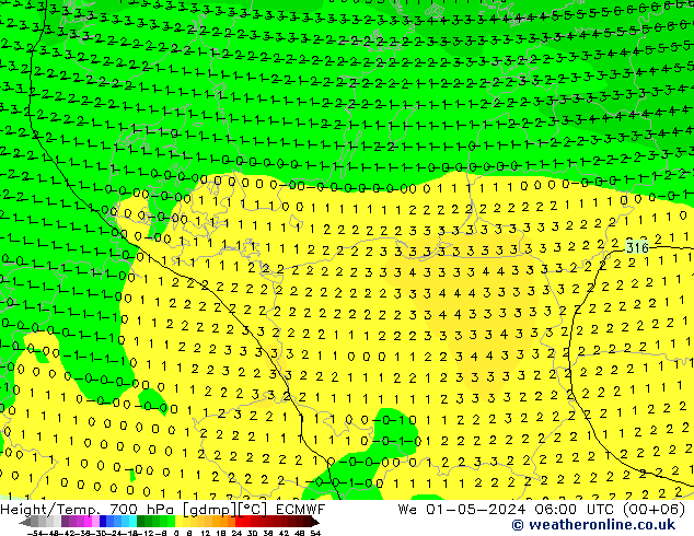 Height/Temp. 700 hPa ECMWF śro. 01.05.2024 06 UTC