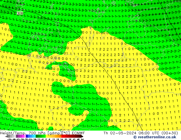 Height/Temp. 700 гПа ECMWF чт 02.05.2024 06 UTC