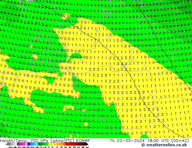 Height/Temp. 700 hPa ECMWF Th 02.05.2024 18 UTC