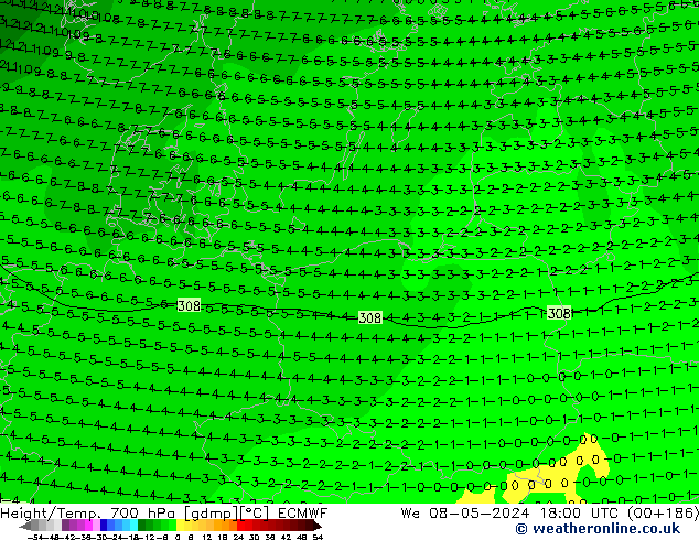 Height/Temp. 700 hPa ECMWF We 08.05.2024 18 UTC